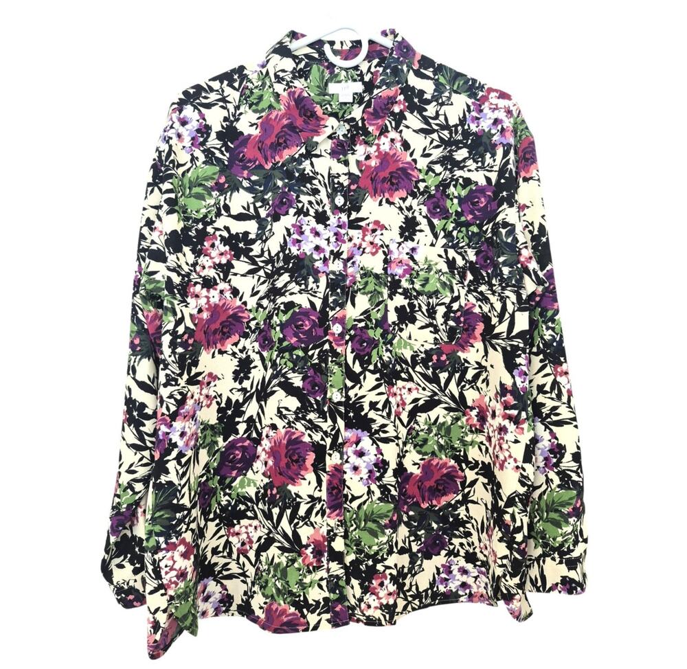 J. Jill NEW Large Petite Button Up Shirt Blouse Dark Floral Career Classic